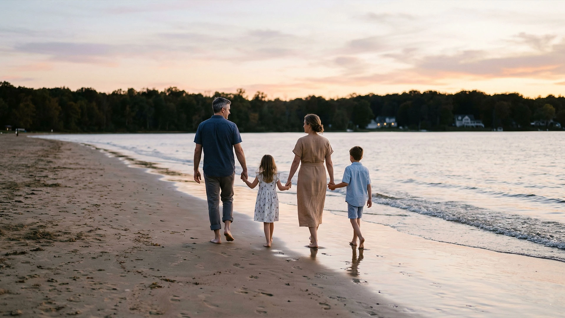 Family walking together along a lake, protected by life insurance